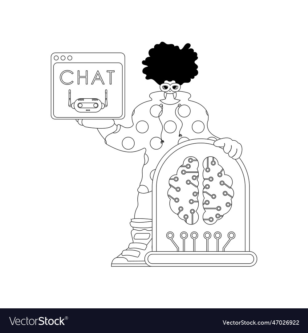 He has an ai model in his hands using linear vector image He has an ai model in his hands using linear