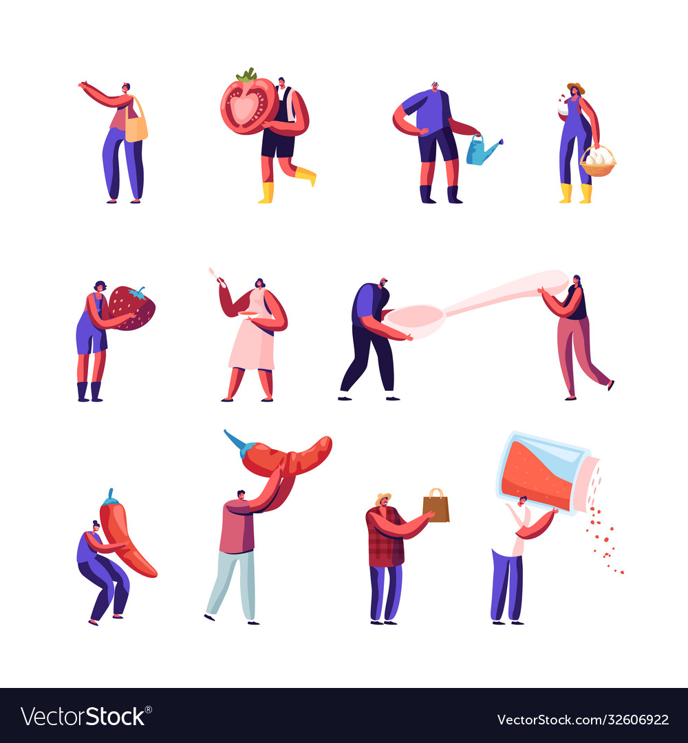 Set icons tiny characters with huge products Vector Image Set icons tiny characters with huge products