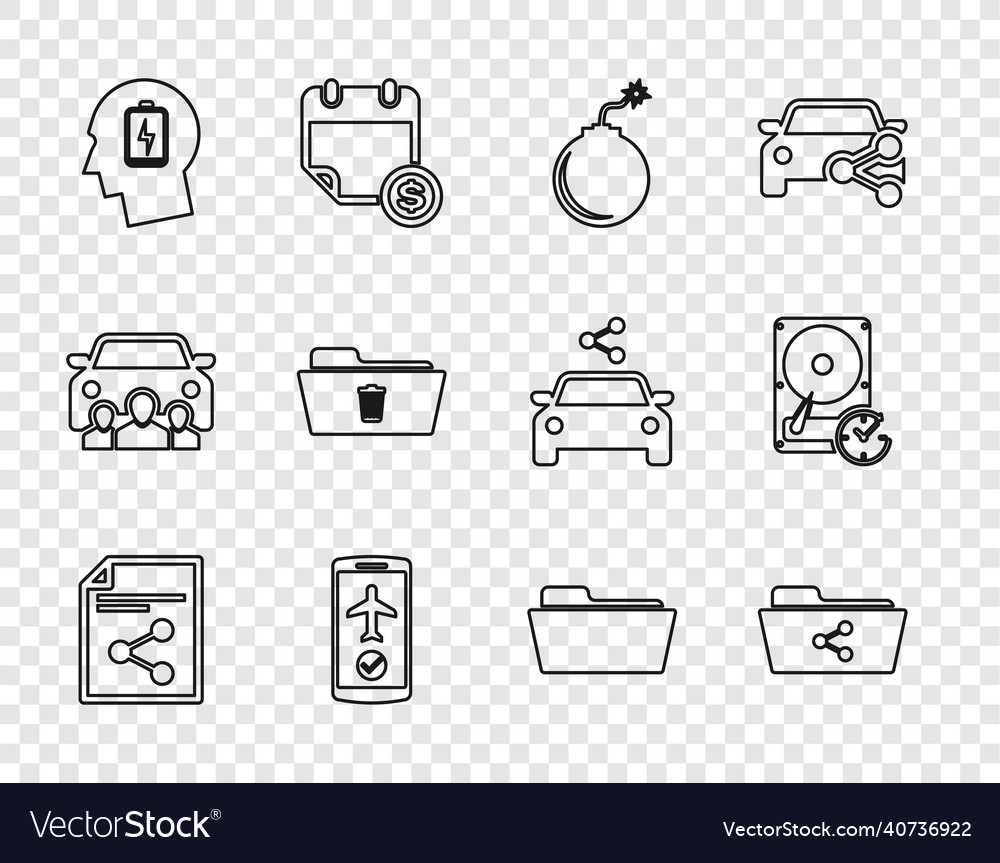 Set line share file folder bomb ready to explode vector image Set line share file folder bomb ready to explode