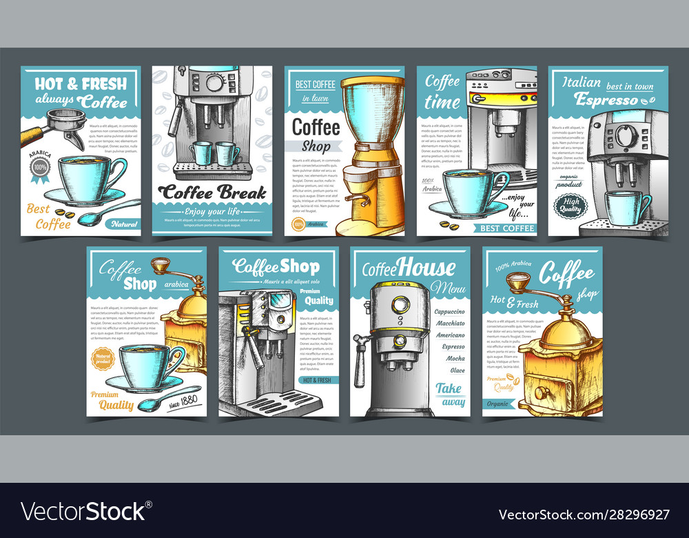 Coffee machine holder and cup posters set Vector Image