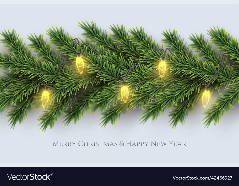 Fir branch with yellow bulb garland merry vector image Fir branch with yellow bulb garland merry