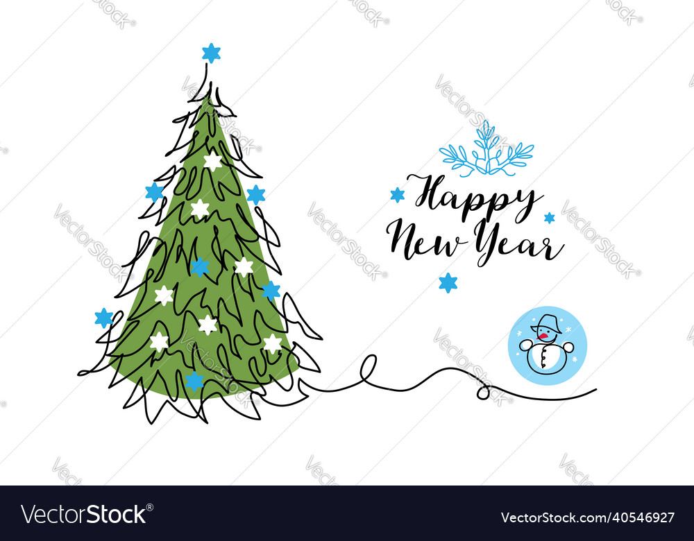 New year tree pine fir one continuous line