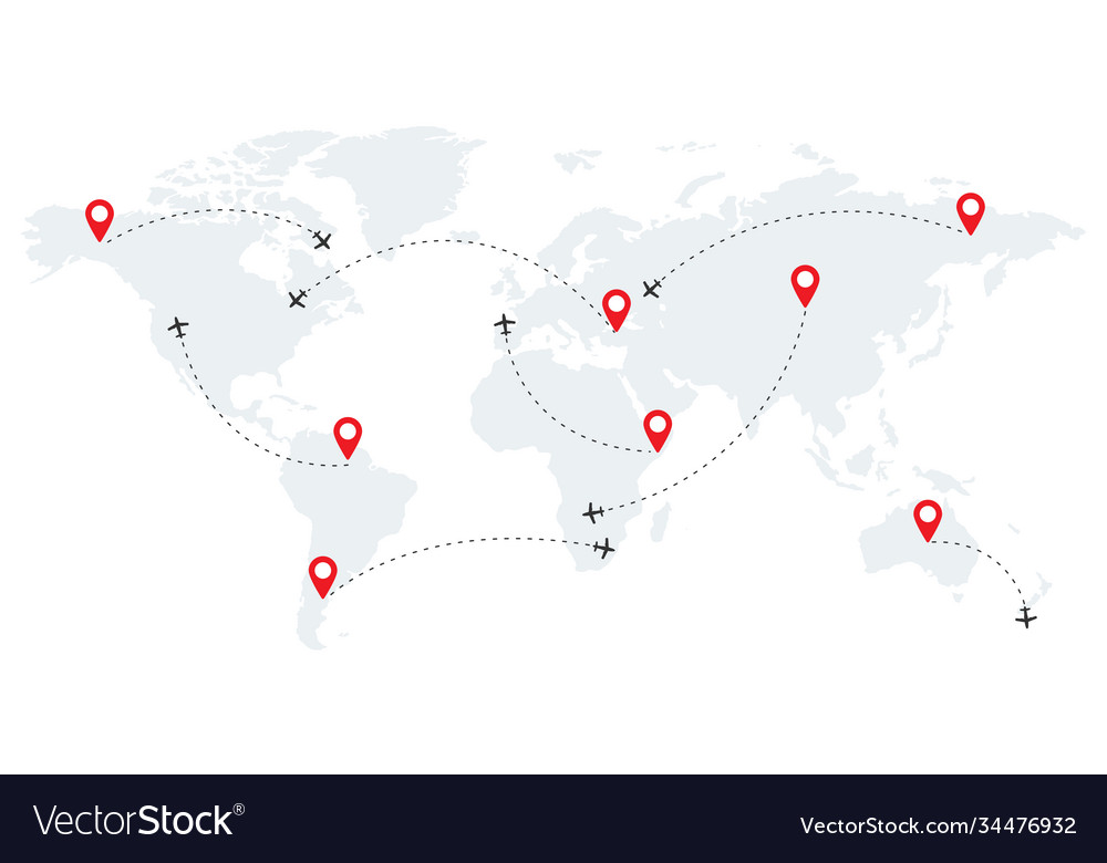 Airline route points plane flight with dashed