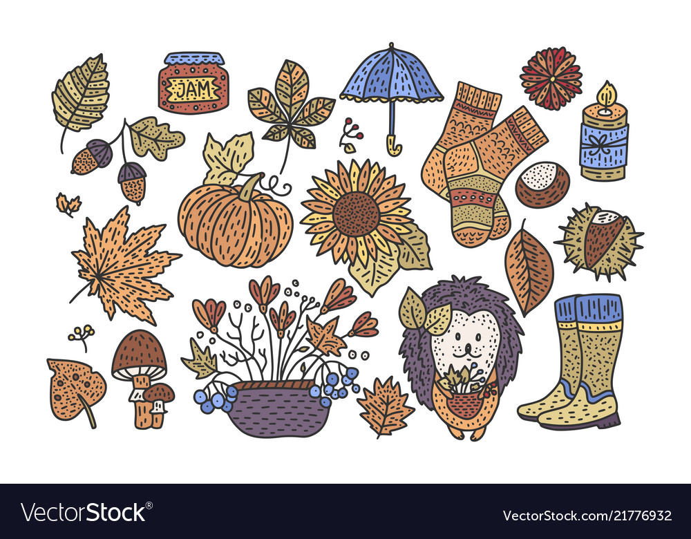 Big autumn icon set cozy fall hand drawn