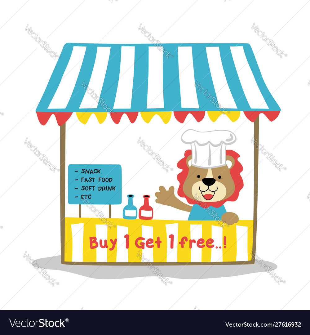 Cute lion in hawker stalls cartoon Royalty Free Vector Image