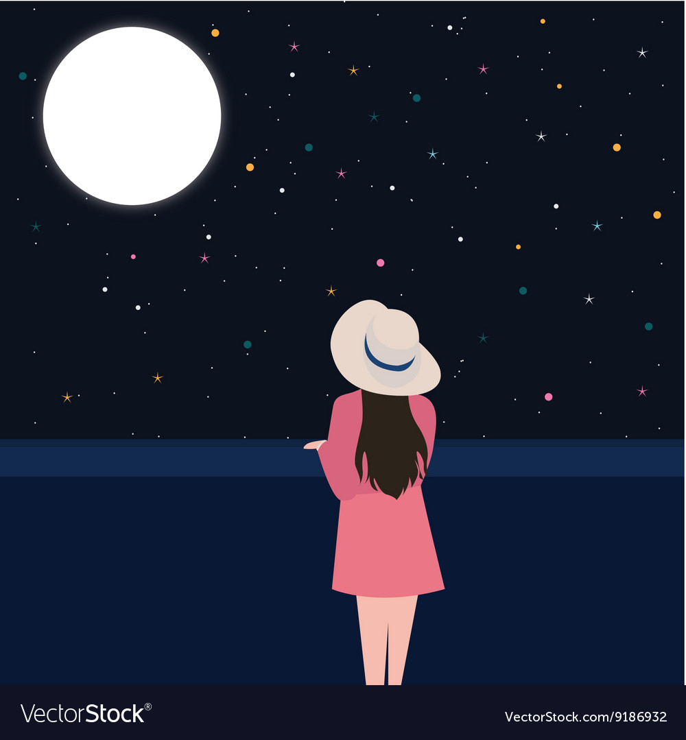 Girls looking starring at the night sky alone Vector Image