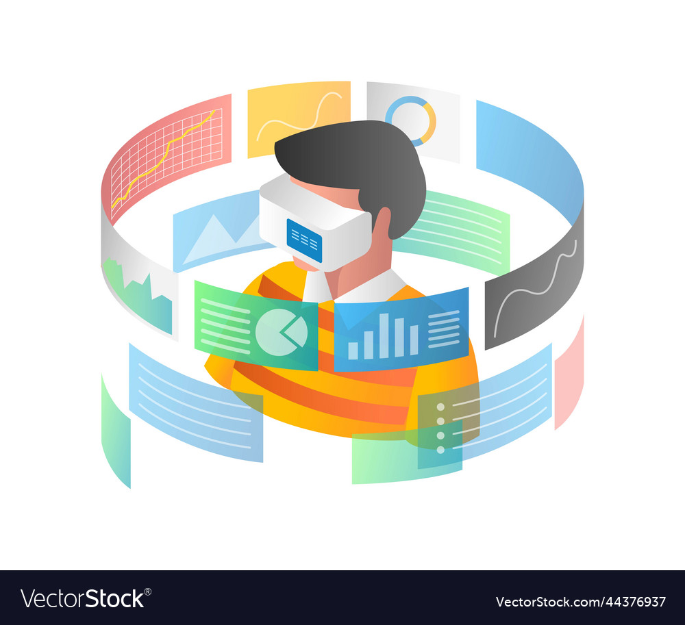 Flat isometric concept man analyzing data with vr vector image Flat isometric concept man analyzing data with vr