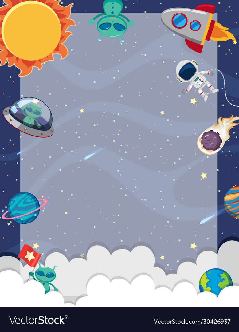 Frame template with many planets in space