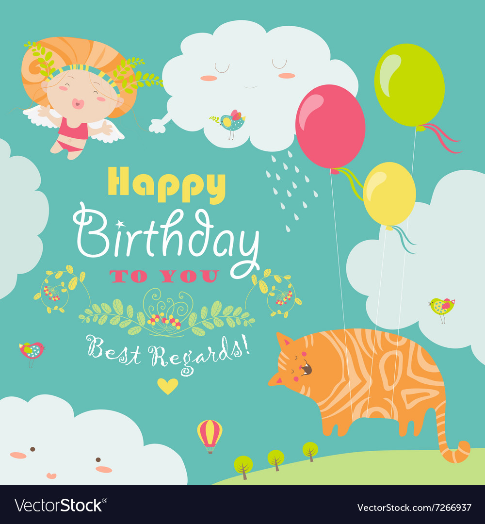 Happy birthday card with cute cat and angel Vector Image