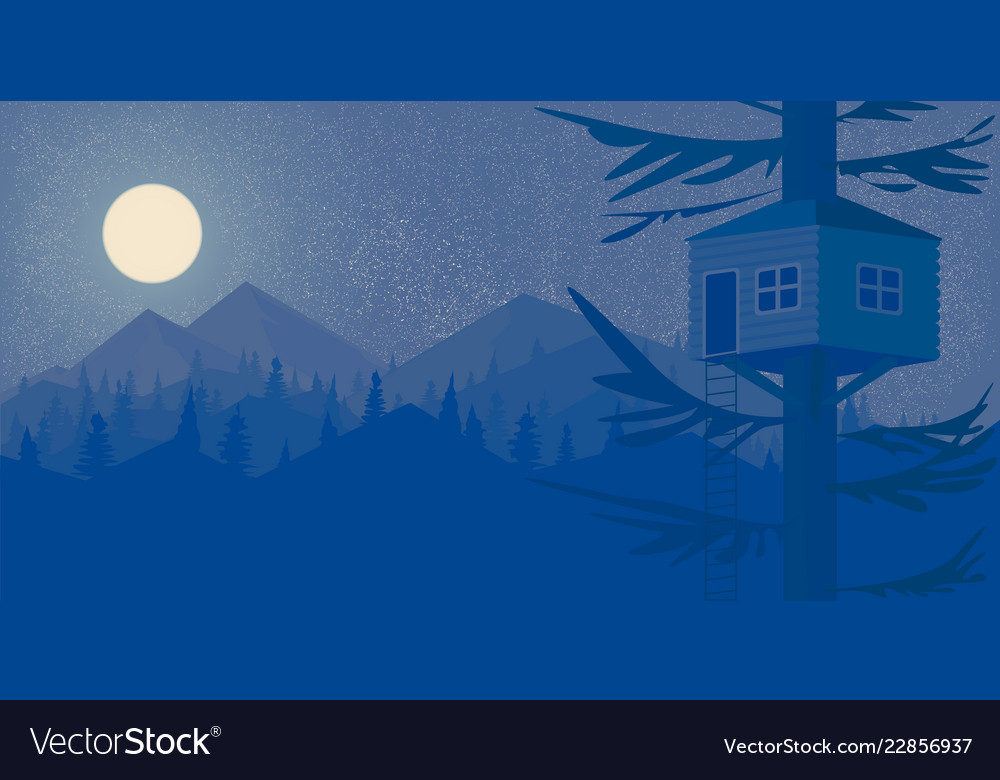 House on the tree night forest and mountains