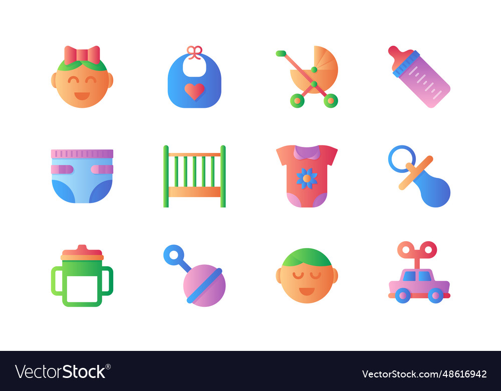 Baby items icons set in color flat design pack