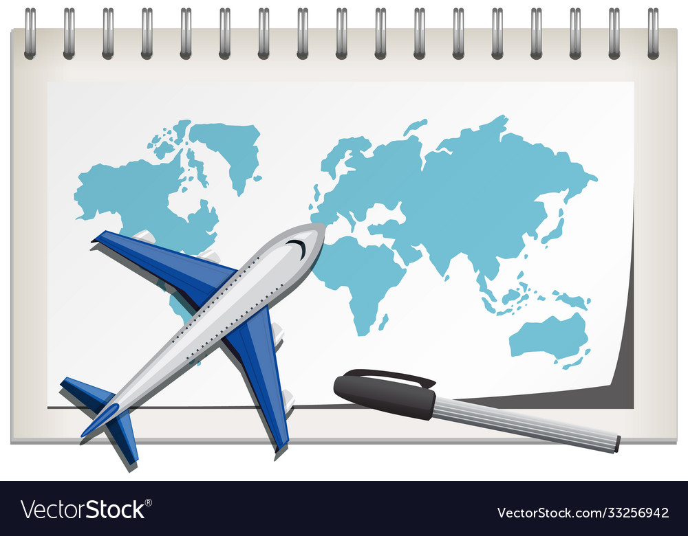 Plane and world map on notebook isolated white