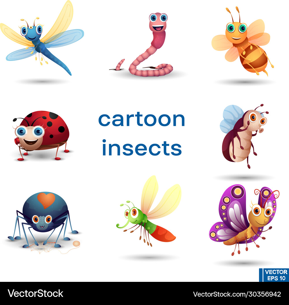 Set cartoon insects characters Royalty Free Vector Image