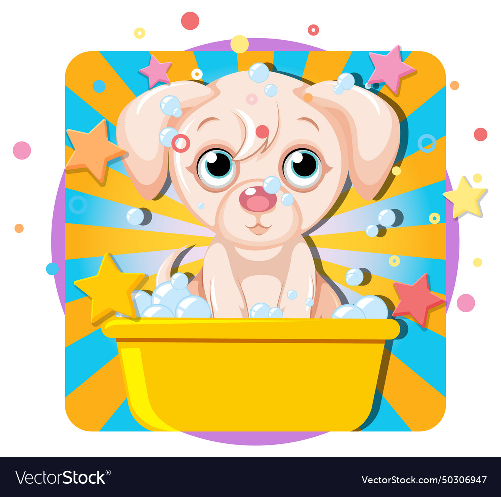 Cute puppy enjoying a bubbly bath with stars