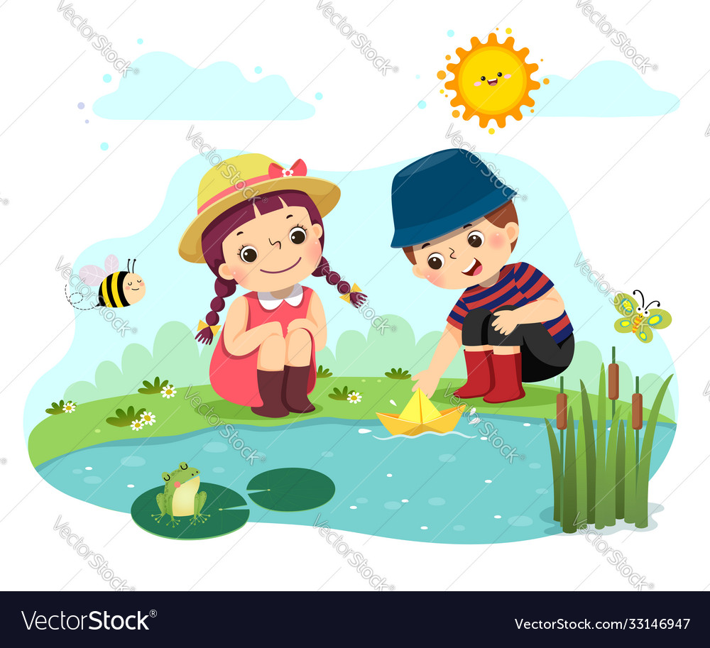 Kids playing paper boat in pond Royalty Free Vector Image