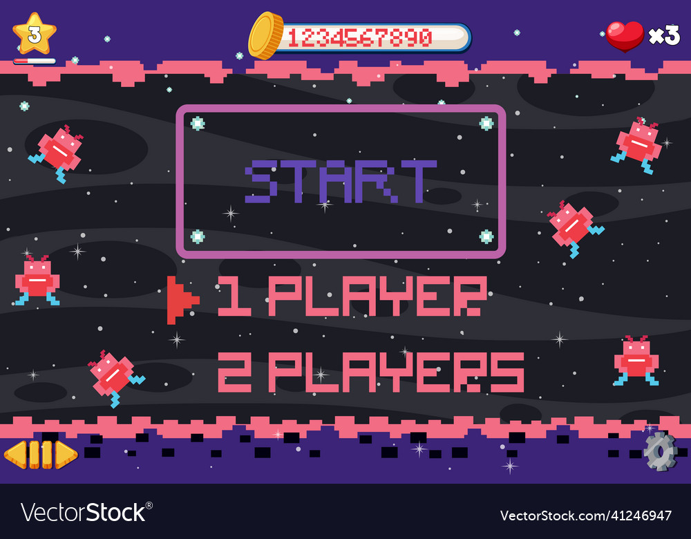 Pixel space game interface with start button vector image Pixel space game interface with start button