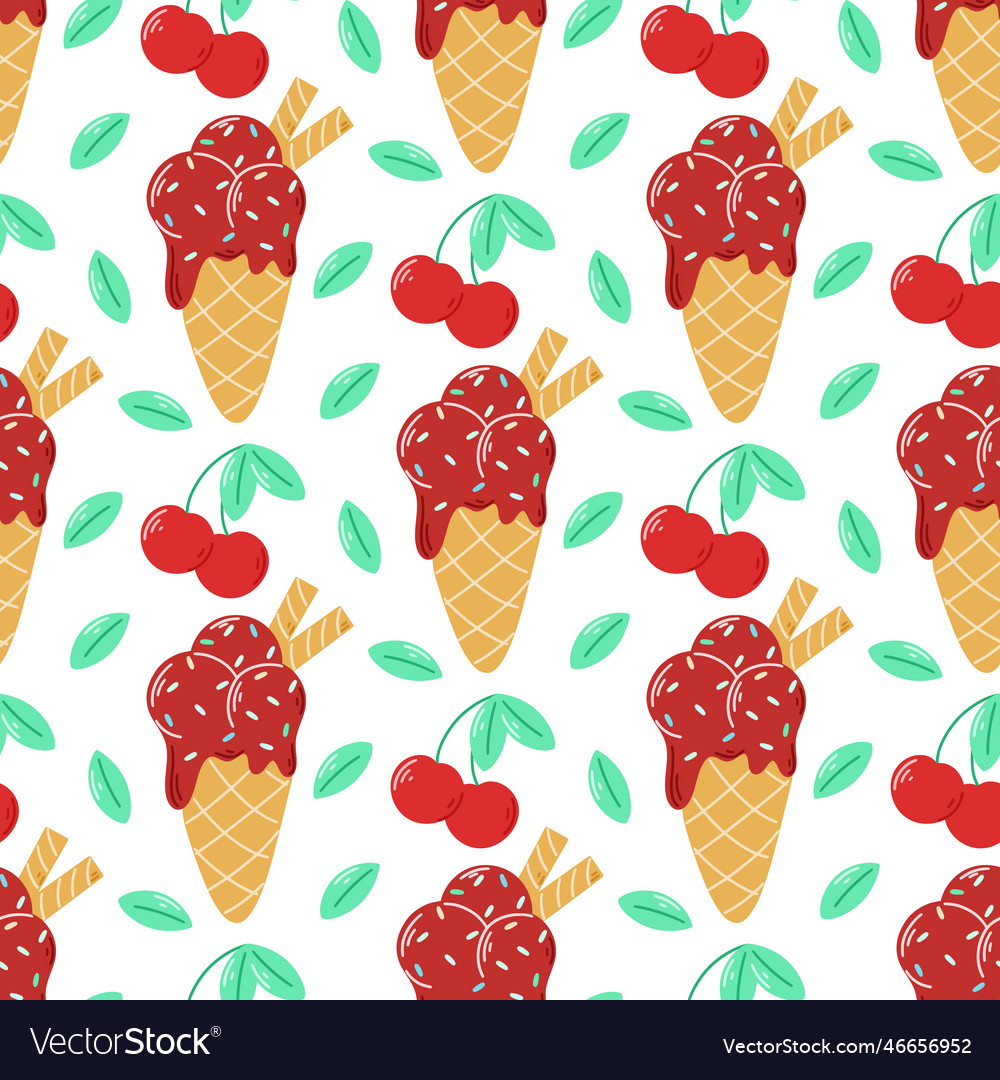 Ice cream with cherry and mint seamless pattern