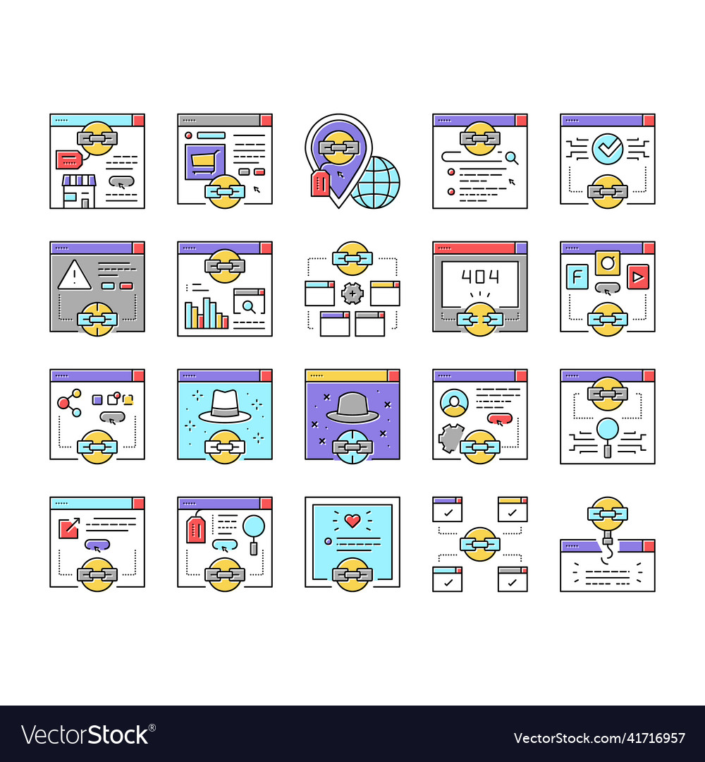 Link building and optimization icons set vector image Link building and optimization icons set