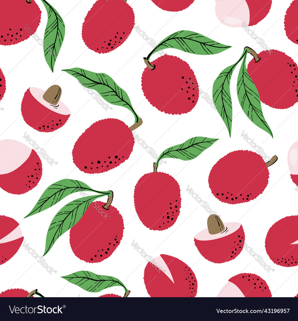 Seamless pattern with pink lychee and slices hand vector image Seamless pattern with pink lychee and slices hand