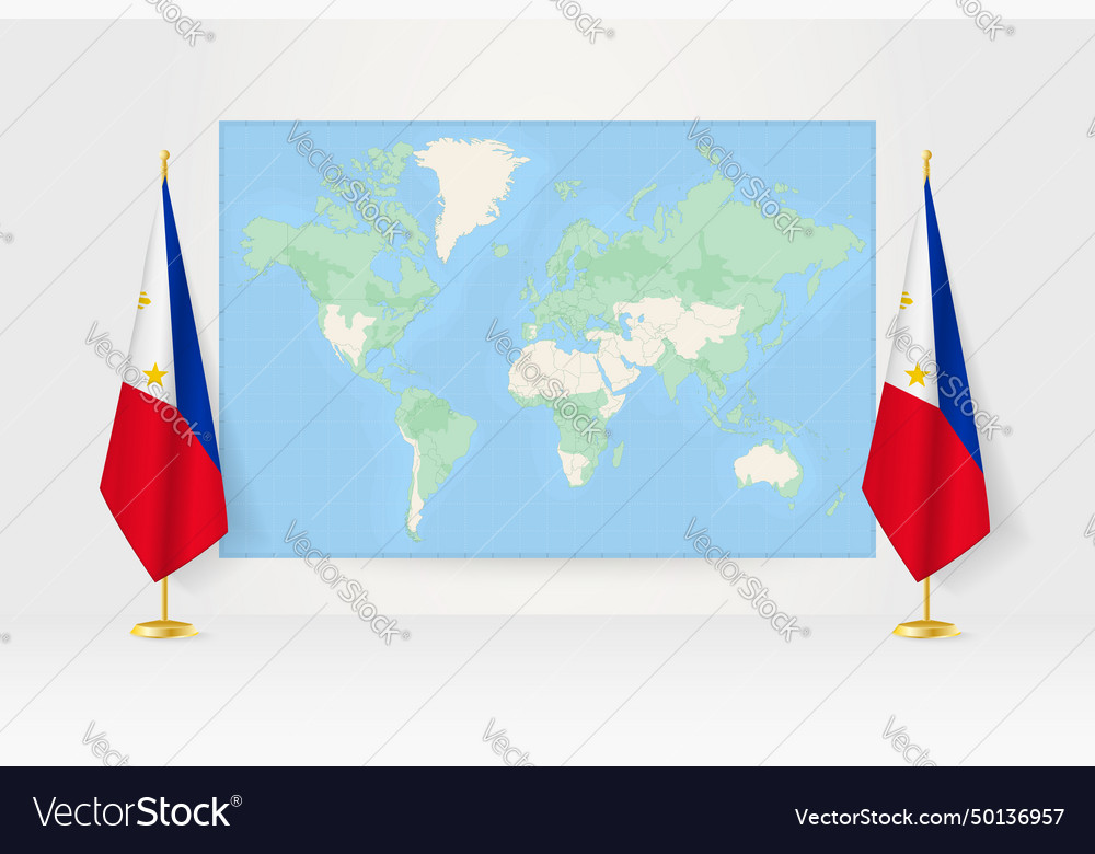 World map between two hanging flags