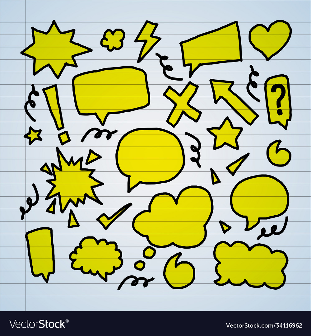 Doodle style speech bubbles yellow on paper