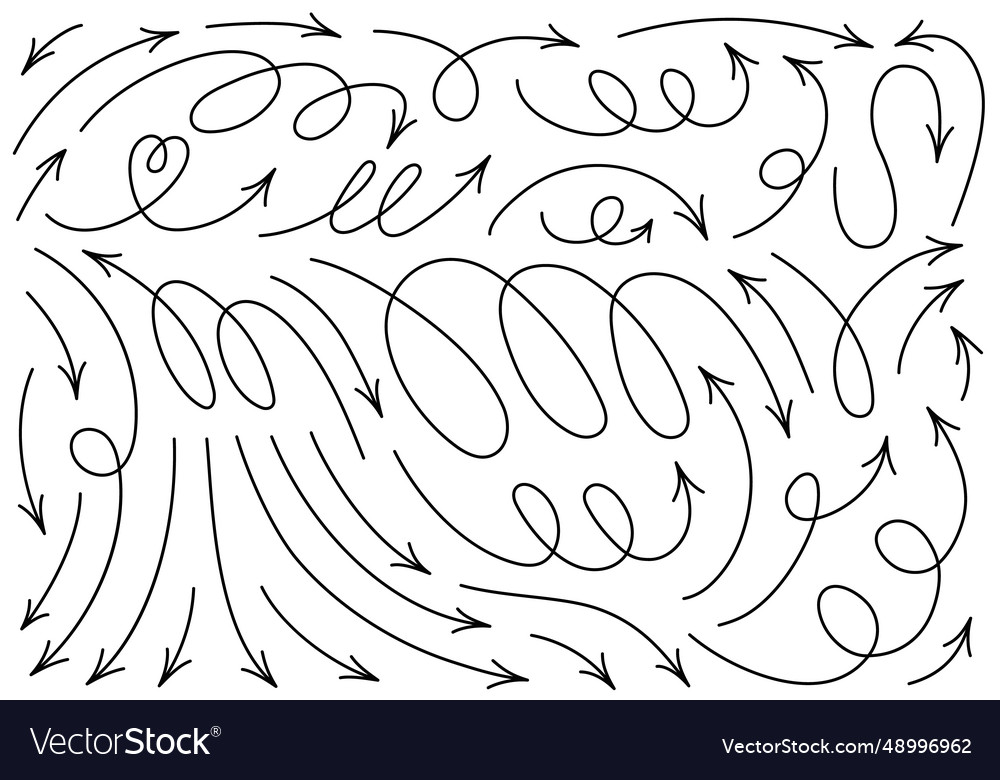 Hand drawn thin line dynamic arrows set