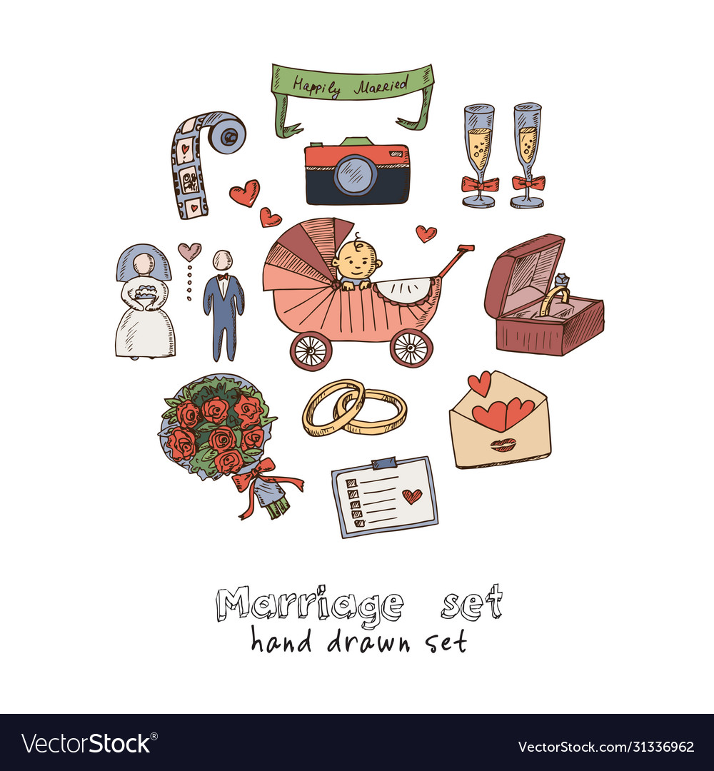 Marriage hand drawn doodle set isolated elements vector image Marriage hand drawn doodle set isolated elements