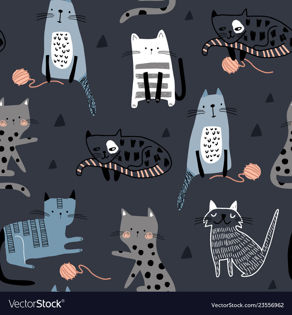 Seamless pattern with different funny cats and Vector Image