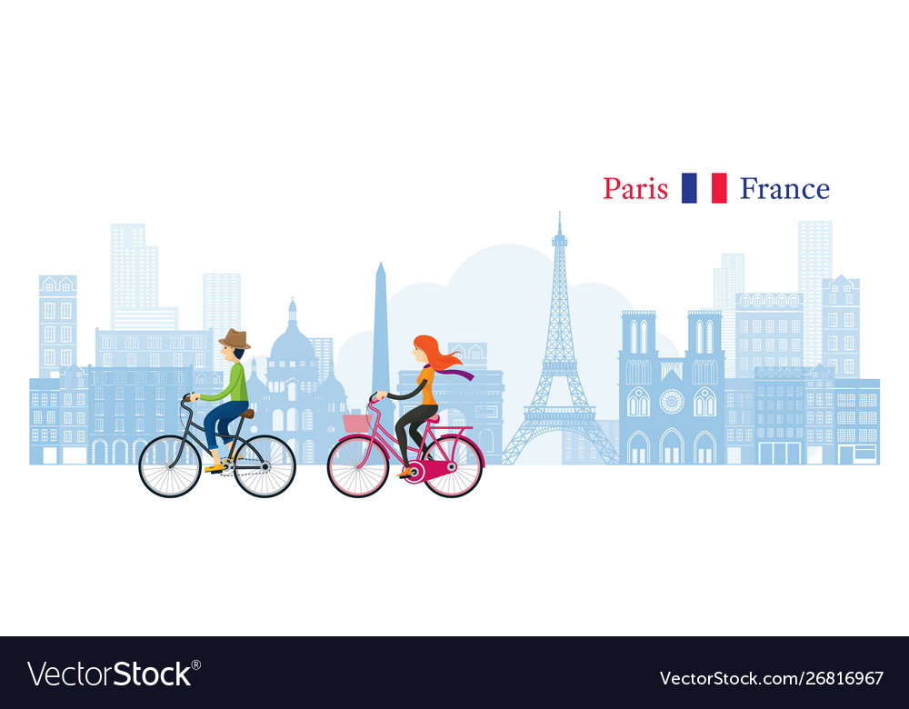 Couple cycling with paris france skyline Vector Image