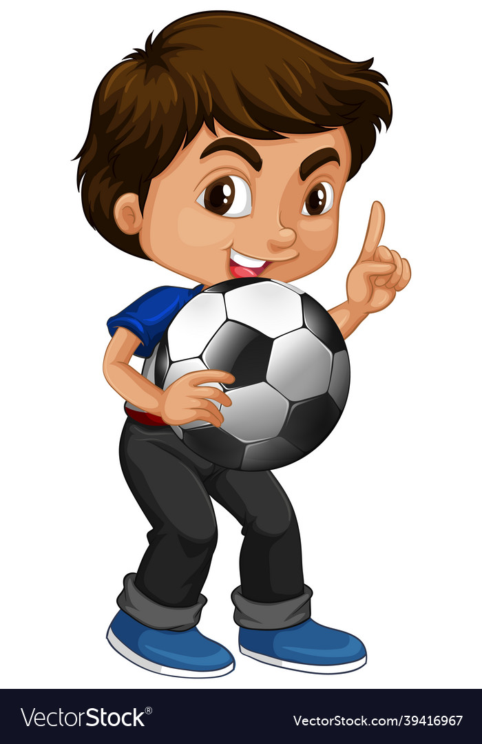 Cute youngboy cartoon character holding football