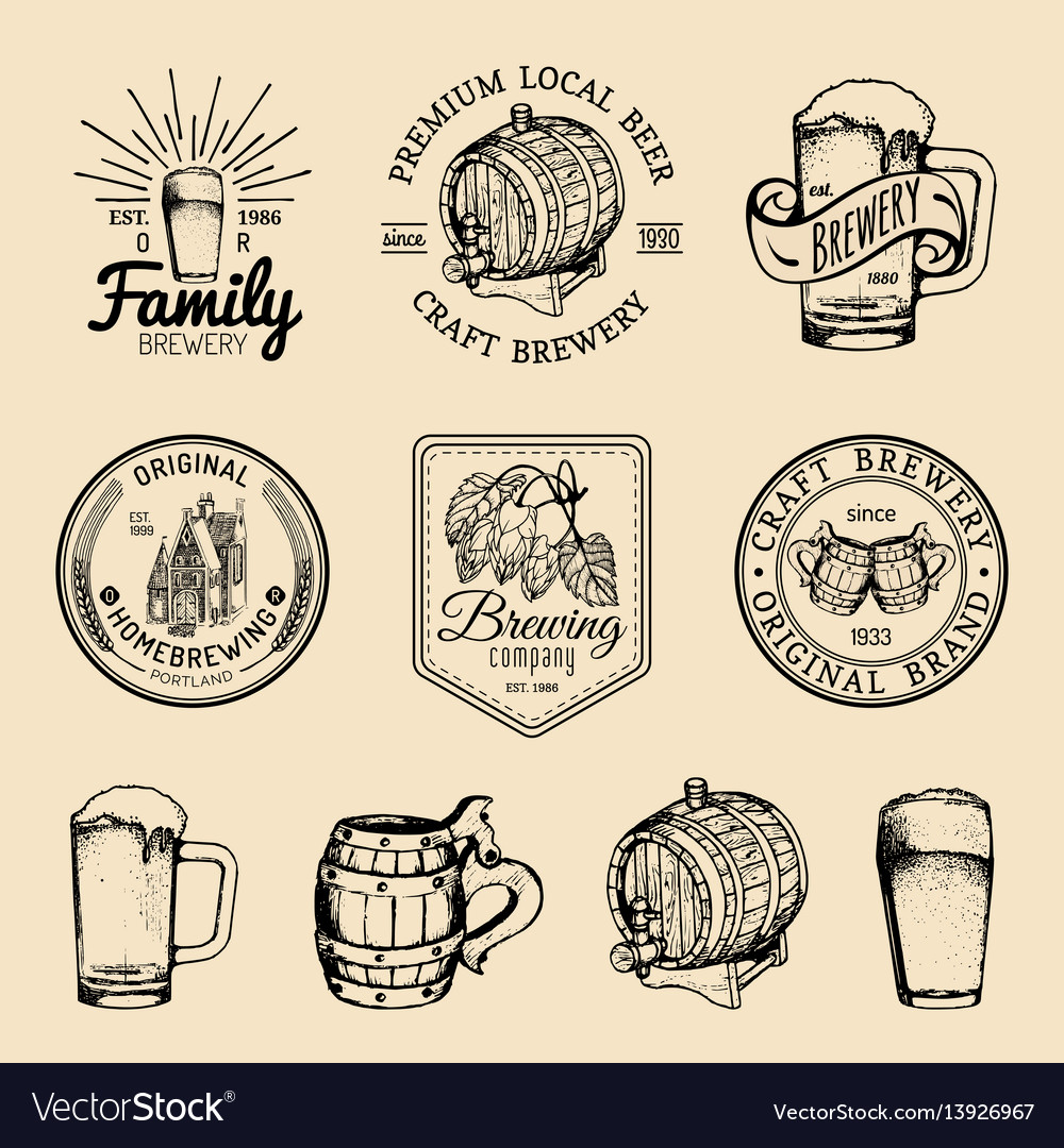 Old brewery logos set kraft beer retro signs