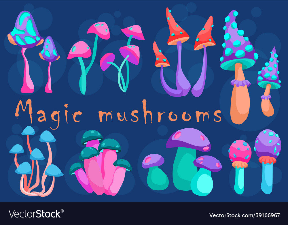 Set of fantasy neon mushrooms