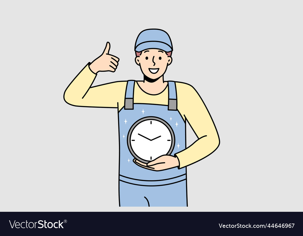 Smiling man in uniform holding clock