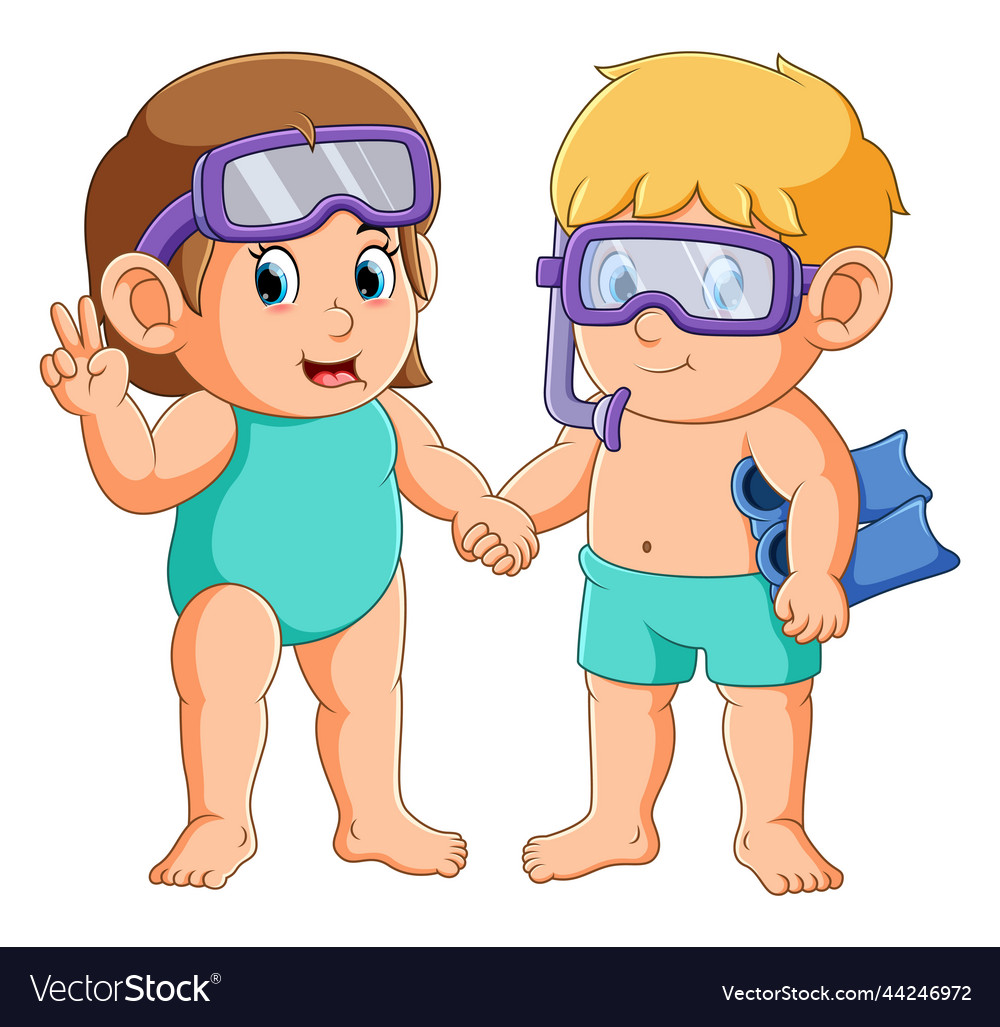 Boy and girl is wearing the flippers goggles Vector Image