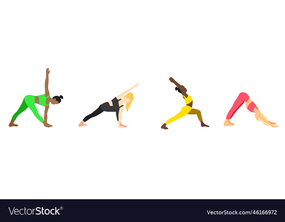 Female yoga poses european african asian set