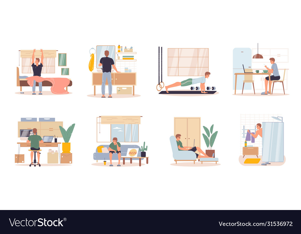 Man character work activities daily routine set Vector Image Man character work activities daily routine set