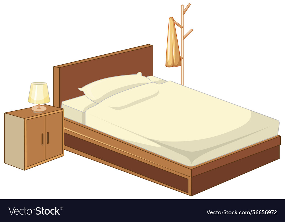 Wooden bed with lamp isolated on white background