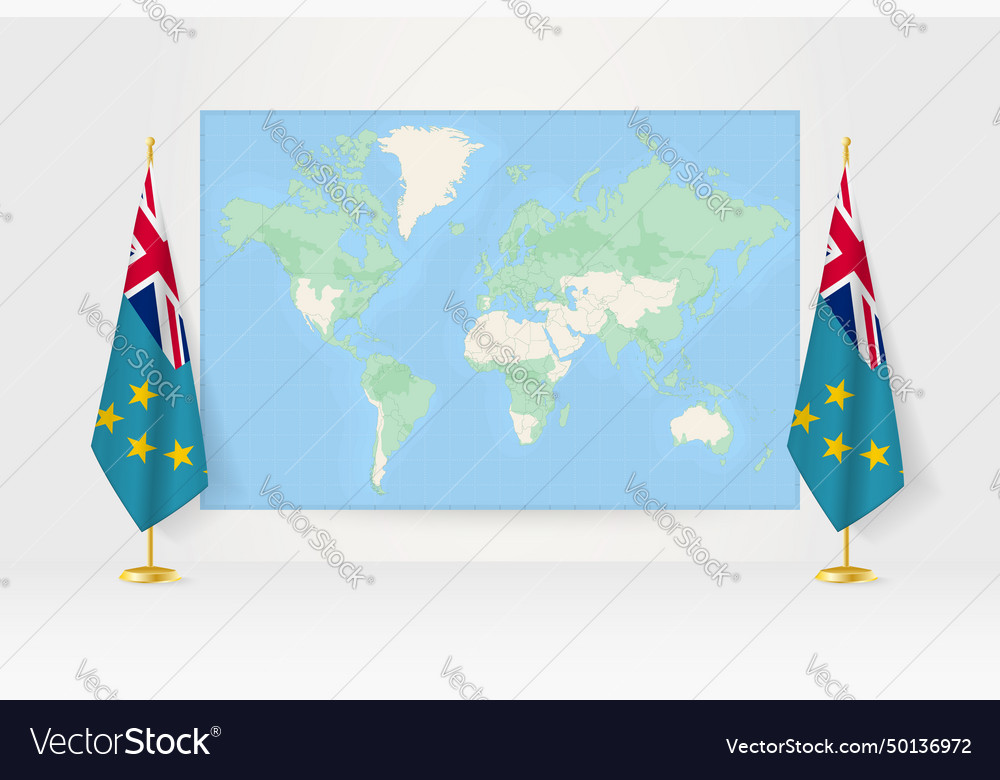 World map between two hanging flags of tuvalu