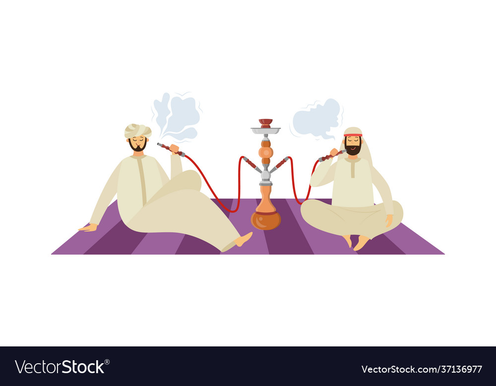 Arab men in oriental clothes smoking hookah