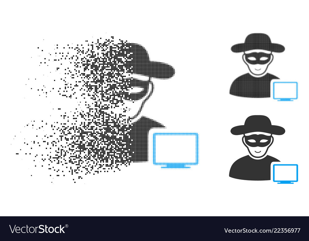 Broken pixelated halftone computer hacker icon vector image Broken pixelated halftone computer hacker icon