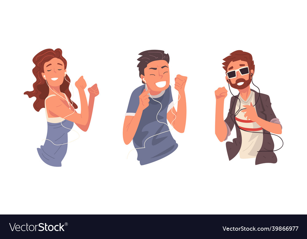 Fröhlicher junger Mann und Frau mit Kopfhörern vector image Fröhlicher junger Mann und Frau mit Kopfhörern