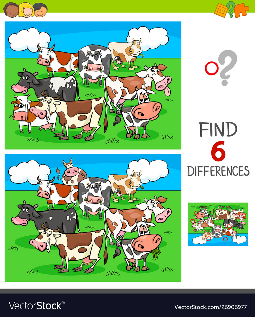 Differences game with cows animal characters Vector Image