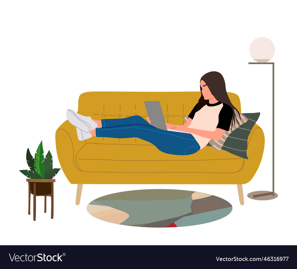 Girl working with laptop computer on sofa Vector Image