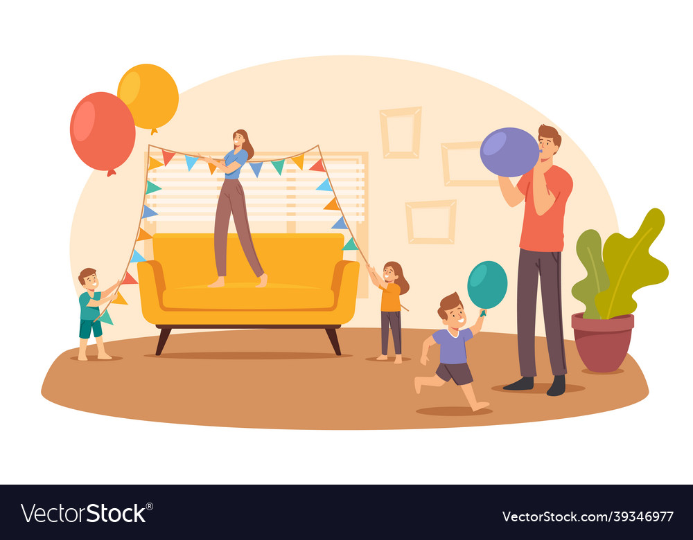 Happy family decorate living room hanging garlands