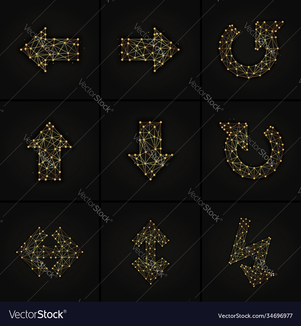 Set arrows golden abstract on dark background