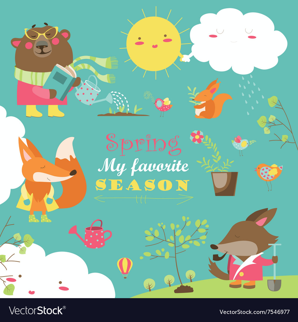Set cartoon characters and spring elements Vector Image