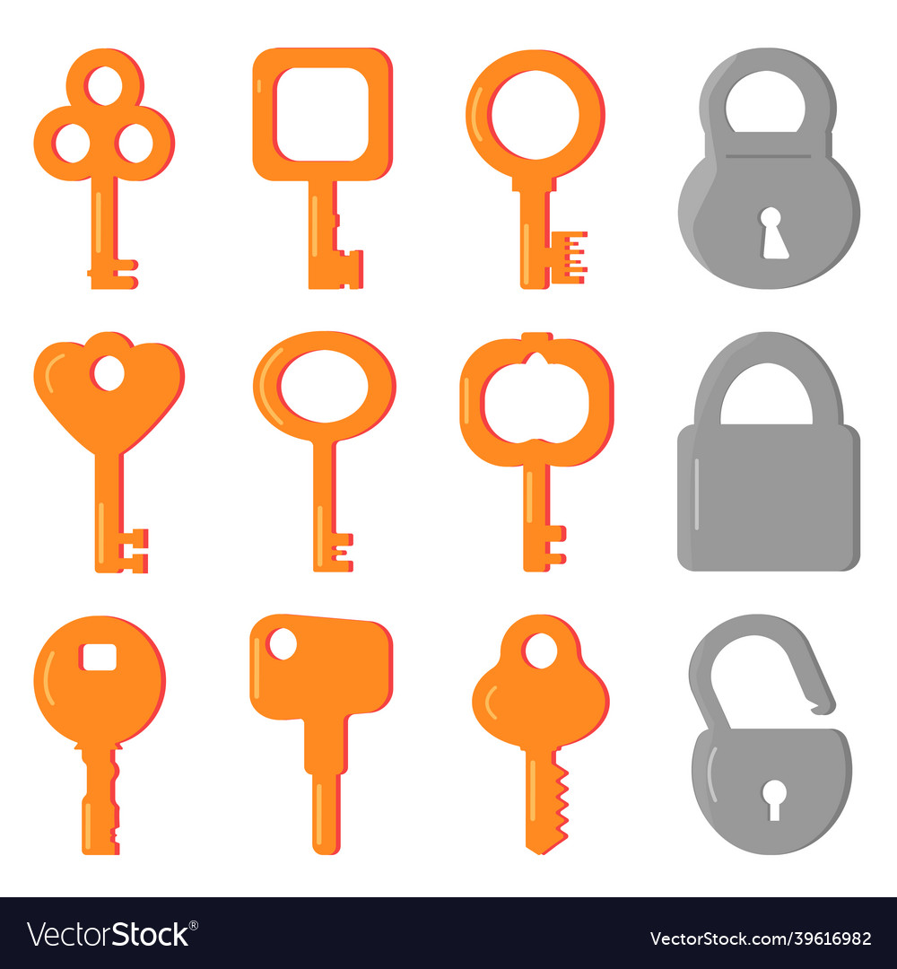 A set of different yellow keys and gray locks key