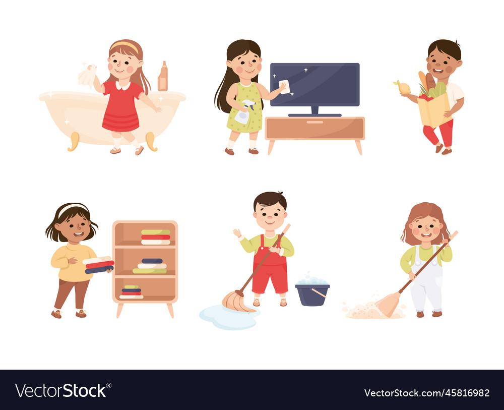 Cute boy and girl doing housework and housekeeping