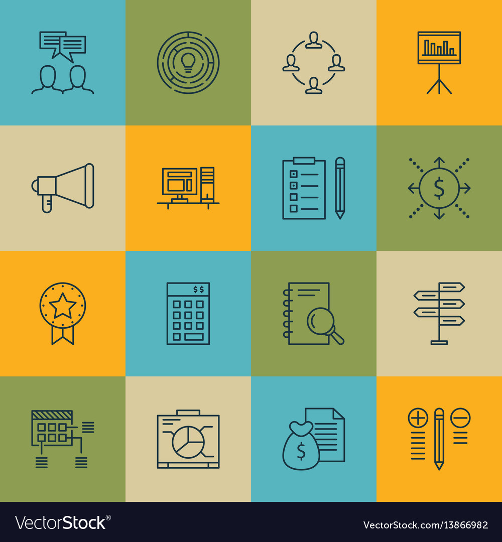 Set of 16 project management icons includes