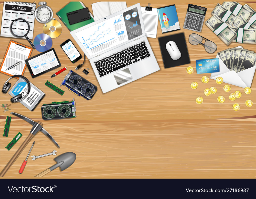 Bitcoin mining workplace with object and tools vector image Bitcoin mining workplace with object and tools